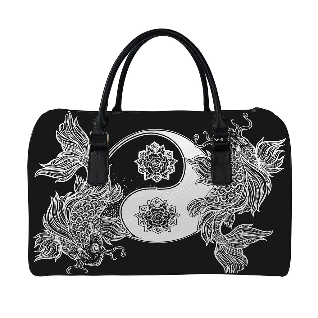 Yin And Yang Koi Carp Fish Print Leather Duffle Bag