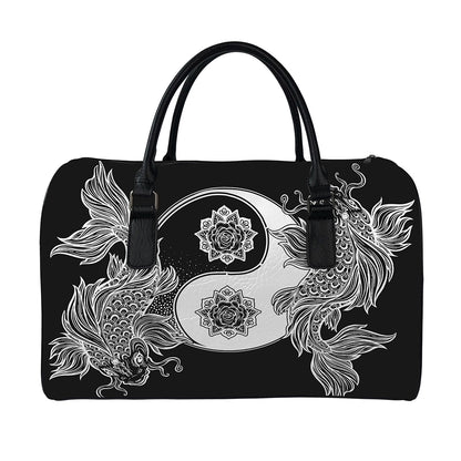 Yin And Yang Koi Carp Fish Print Leather Duffle Bag