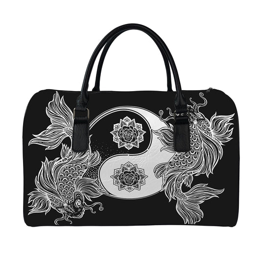 Yin And Yang Koi Carp Fish Print Leather Duffle Bag