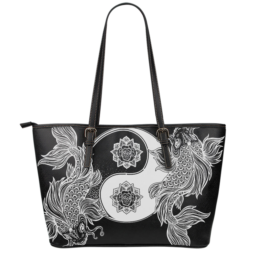Yin And Yang Koi Carp Fish Print Leather Tote Bag