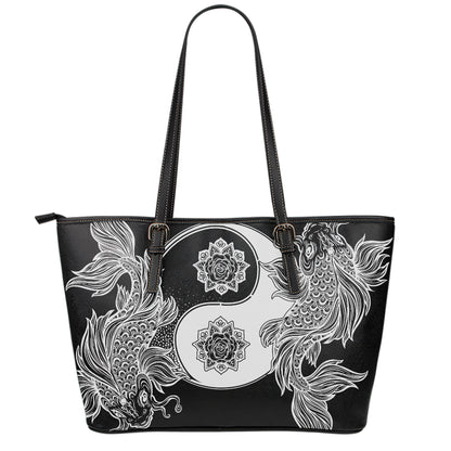 Yin And Yang Koi Carp Fish Print Leather Tote Bag