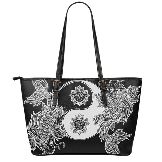 Yin And Yang Koi Carp Fish Print Leather Tote Bag