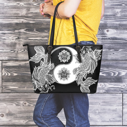 Yin And Yang Koi Carp Fish Print Leather Tote Bag