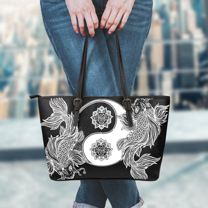Yin And Yang Koi Carp Fish Print Leather Tote Bag