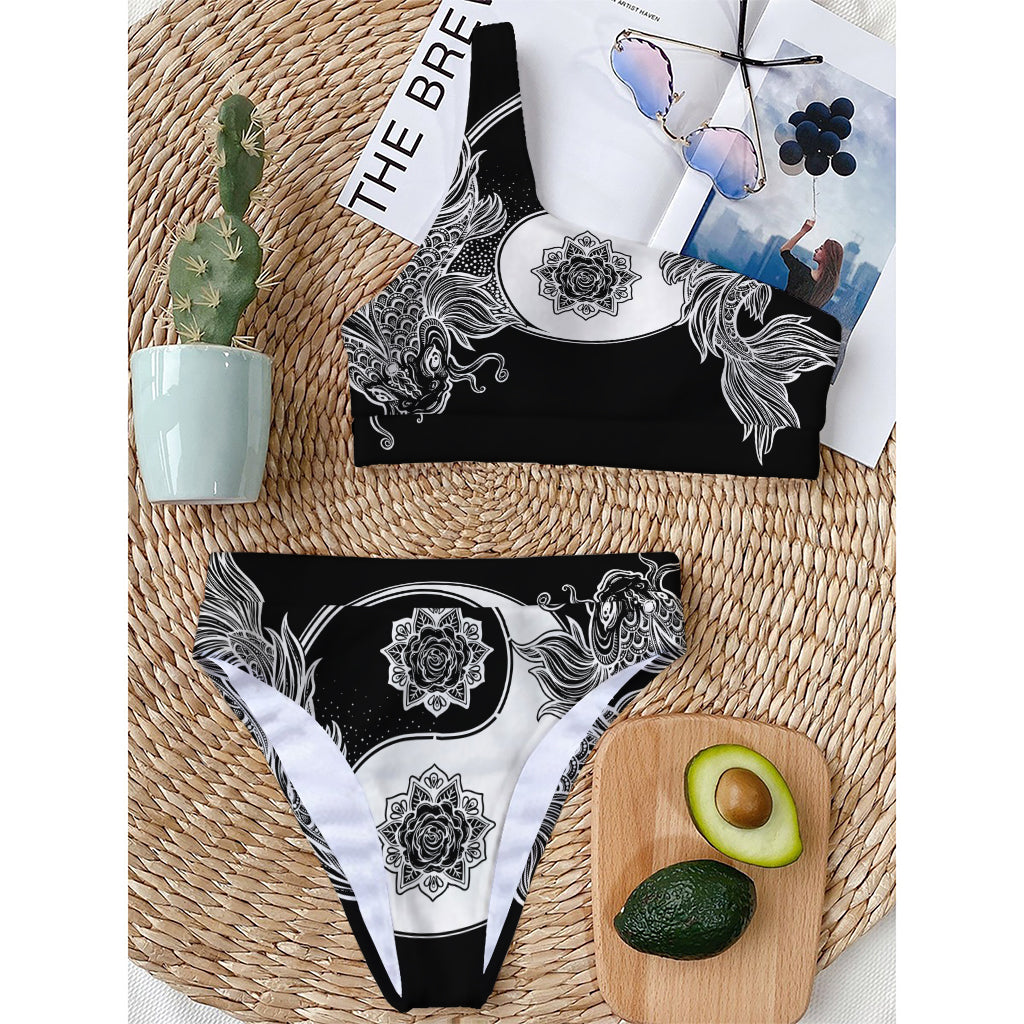 Yin And Yang Koi Carp Fish Print One Shoulder Bikini Top