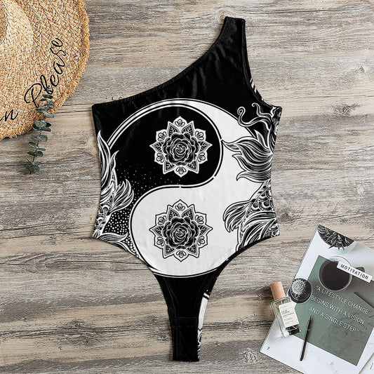 Yin And Yang Koi Carp Fish Print One Shoulder Bodysuit