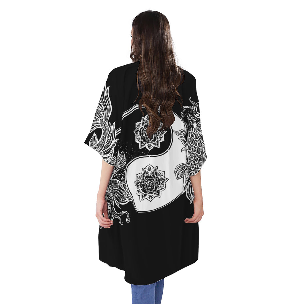 Yin And Yang Koi Carp Fish Print Open Front Beach Cover Up