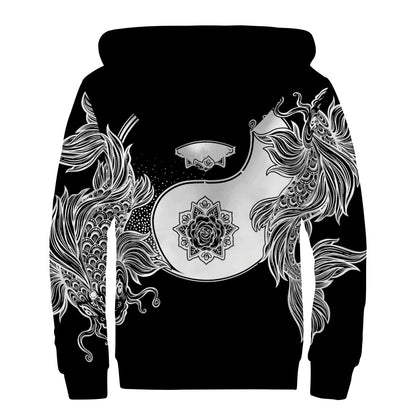 Yin And Yang Koi Carp Fish Print Sherpa Lined Zip Up Hoodie