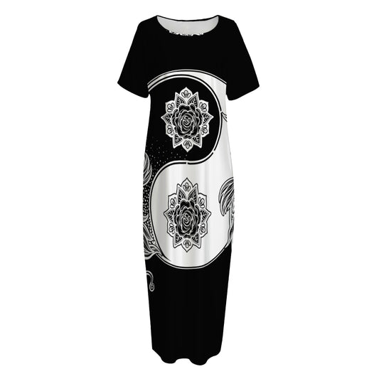 Yin And Yang Koi Carp Fish Print Short Sleeve Long Nightdress