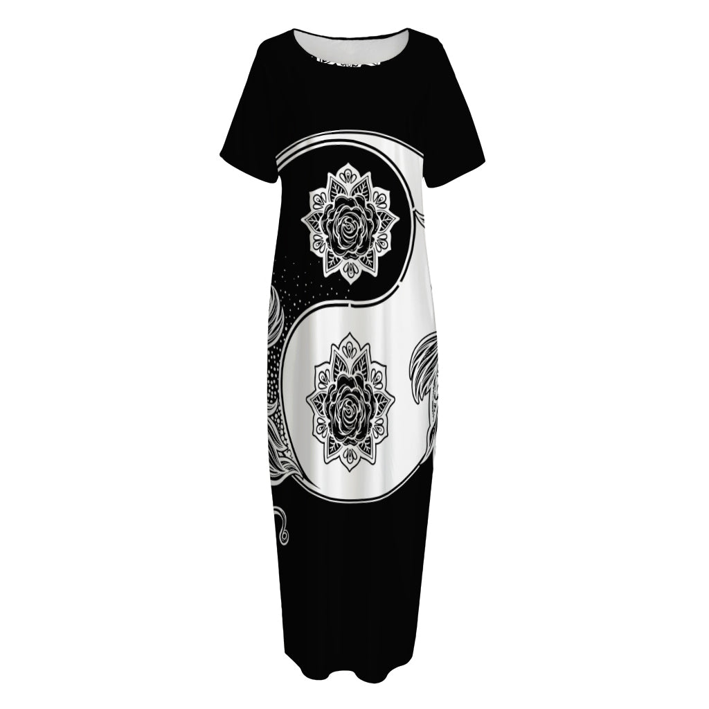 Yin And Yang Koi Carp Fish Print Short Sleeve Long Nightdress