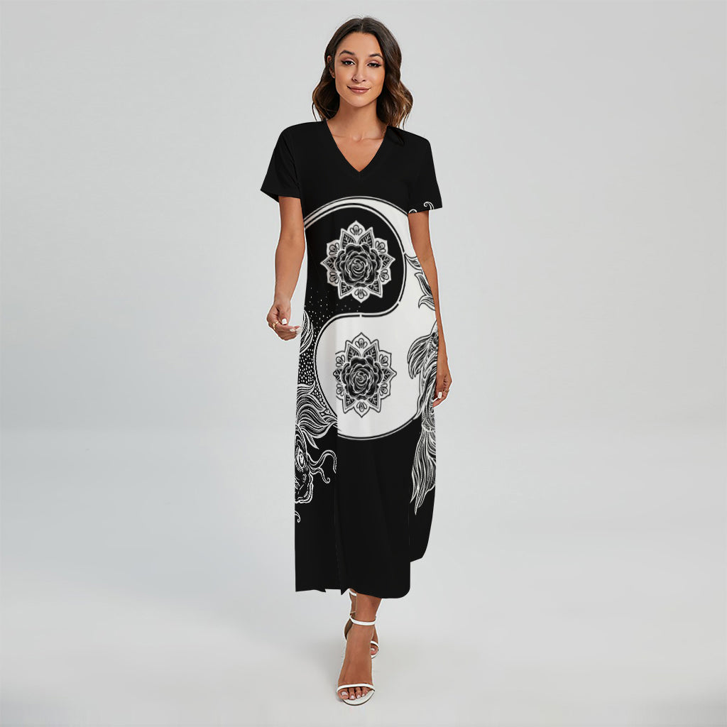 Yin And Yang Koi Carp Fish Print Short Sleeve Maxi Dress