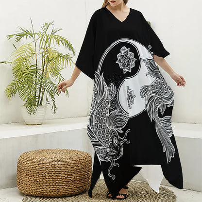 Yin And Yang Koi Carp Fish Print Silk V-Neck Kaftan Dress