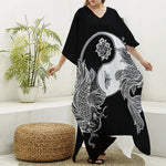 Yin And Yang Koi Carp Fish Print Silk V-Neck Kaftan Dress