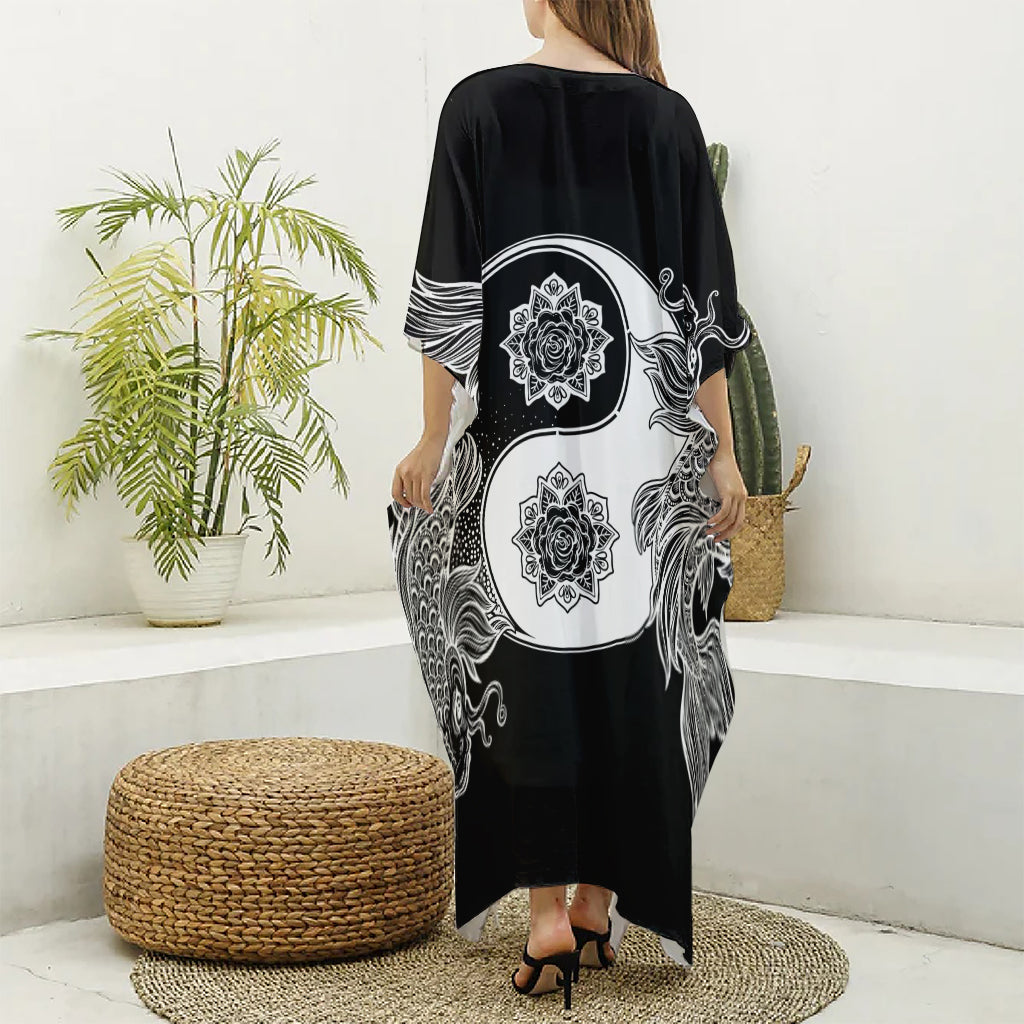 Yin And Yang Koi Carp Fish Print Silk V-Neck Kaftan Dress