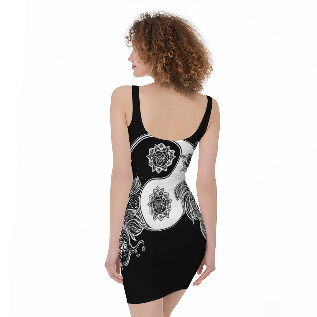 Yin And Yang Koi Carp Fish Print Sleeveless Bodycon Dress