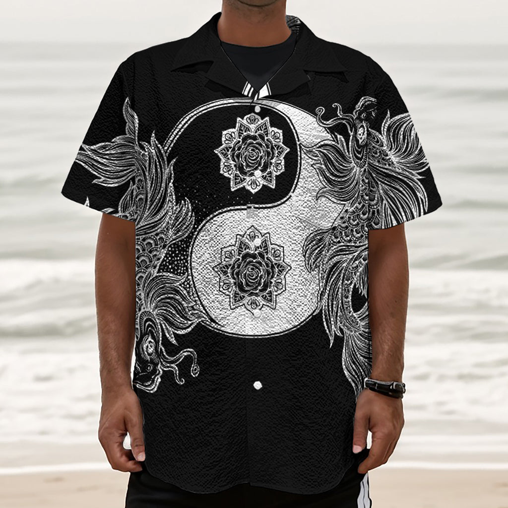 Yin And Yang Koi Carp Fish Print Textured Short Sleeve Shirt
