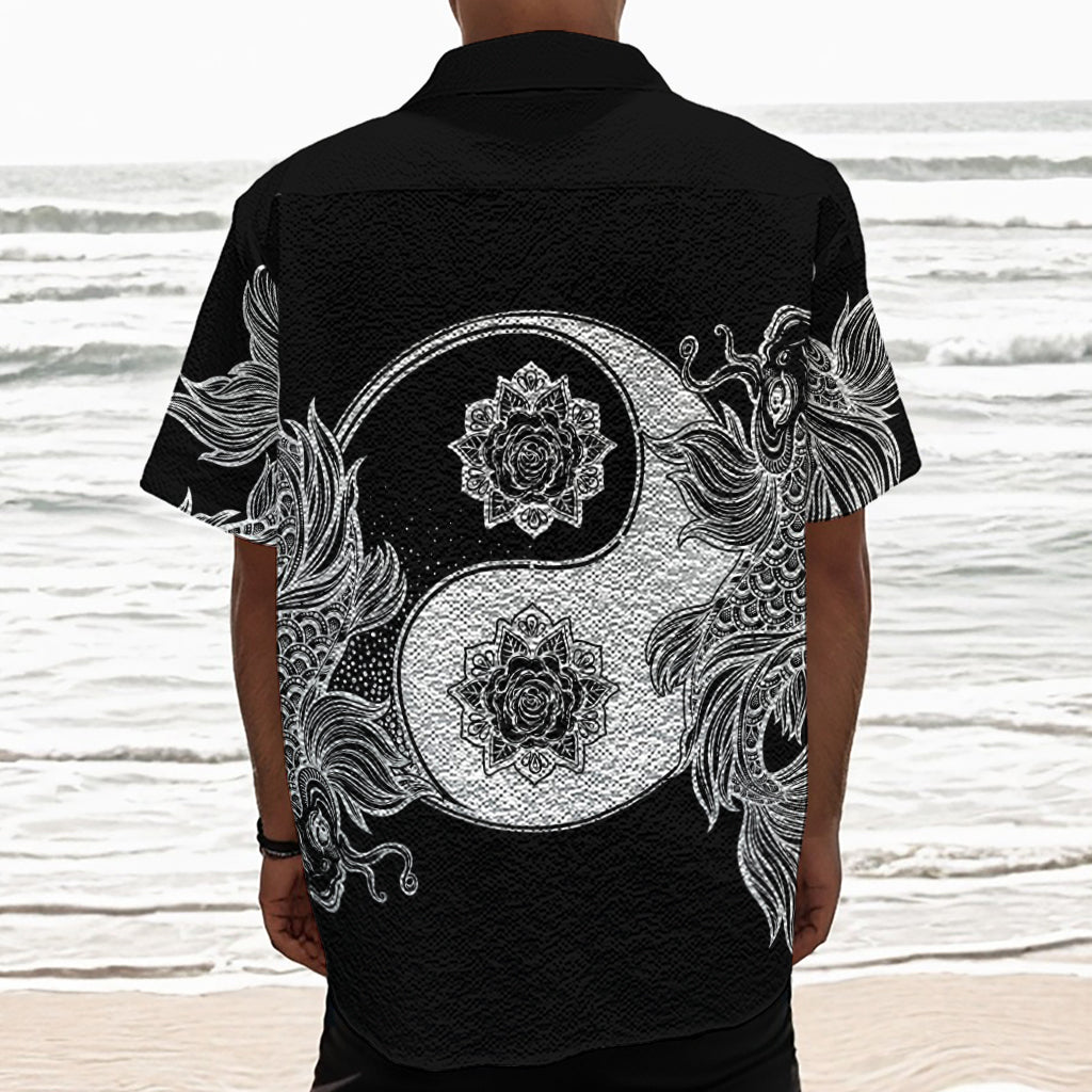 Yin And Yang Koi Carp Fish Print Textured Short Sleeve Shirt