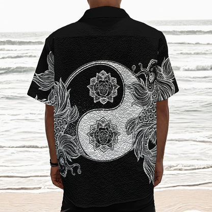 Yin And Yang Koi Carp Fish Print Textured Short Sleeve Shirt