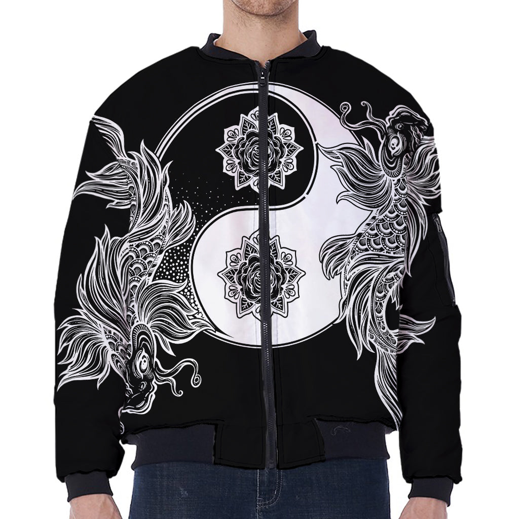 Yin And Yang Koi Carp Fish Print Zip Sleeve Bomber Jacket