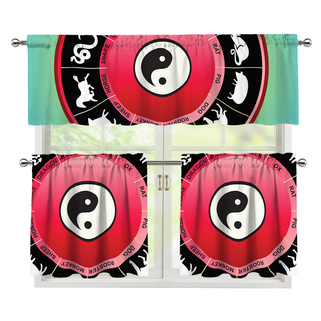 Yin Yang Chinese Zodiac Signs Print 3 Piece Kitchen Curtains