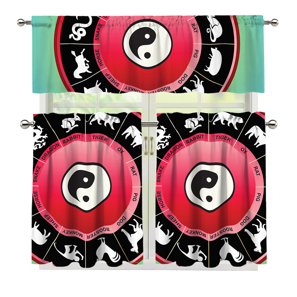 Yin Yang Chinese Zodiac Signs Print 3 Piece Kitchen Curtains