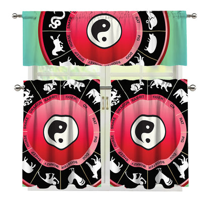 Yin Yang Chinese Zodiac Signs Print 3 Piece Kitchen Curtains