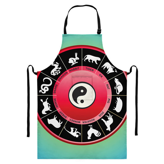 Yin Yang Chinese Zodiac Signs Print Bib Apron With Pocket