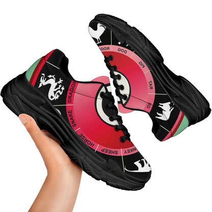Yin Yang Chinese Zodiac Signs Print Black Chunky Shoes