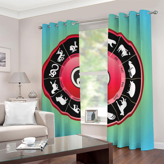 Yin Yang Chinese Zodiac Signs Print Blackout Grommet Curtains