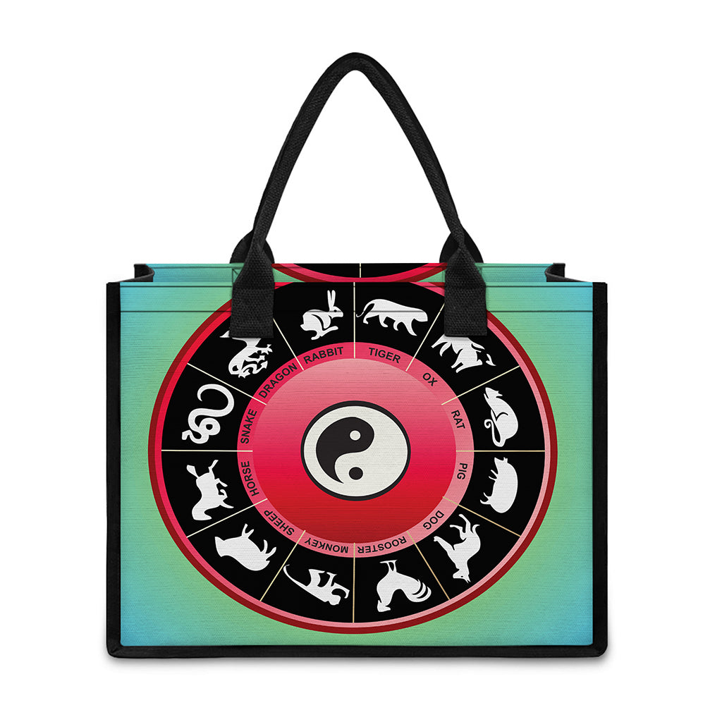 Yin Yang Chinese Zodiac Signs Print Canvas Tote Bag