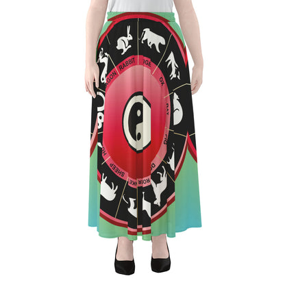 Yin Yang Chinese Zodiac Signs Print Chiffon Maxi Skirt