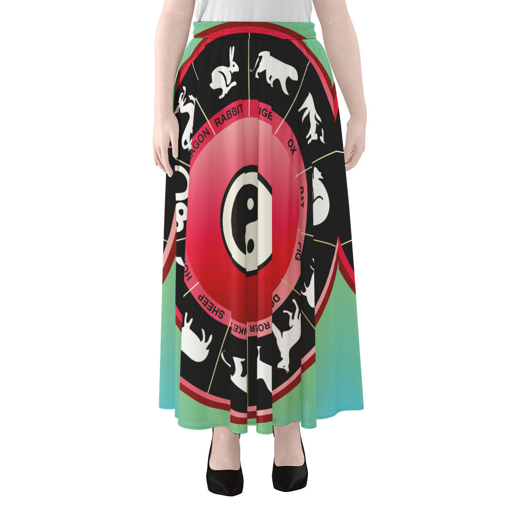 Yin Yang Chinese Zodiac Signs Print Chiffon Maxi Skirt