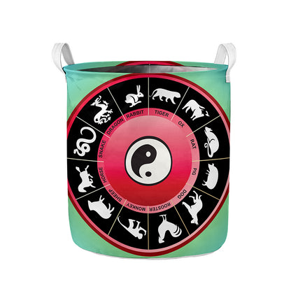 Yin Yang Chinese Zodiac Signs Print Collapsible Laundry Basket