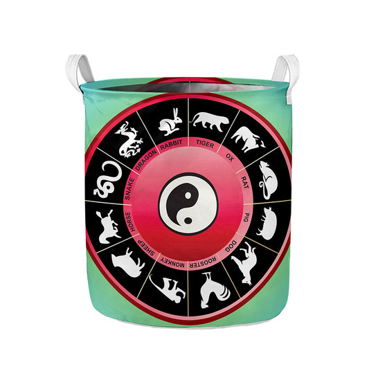 Yin Yang Chinese Zodiac Signs Print Collapsible Laundry Basket