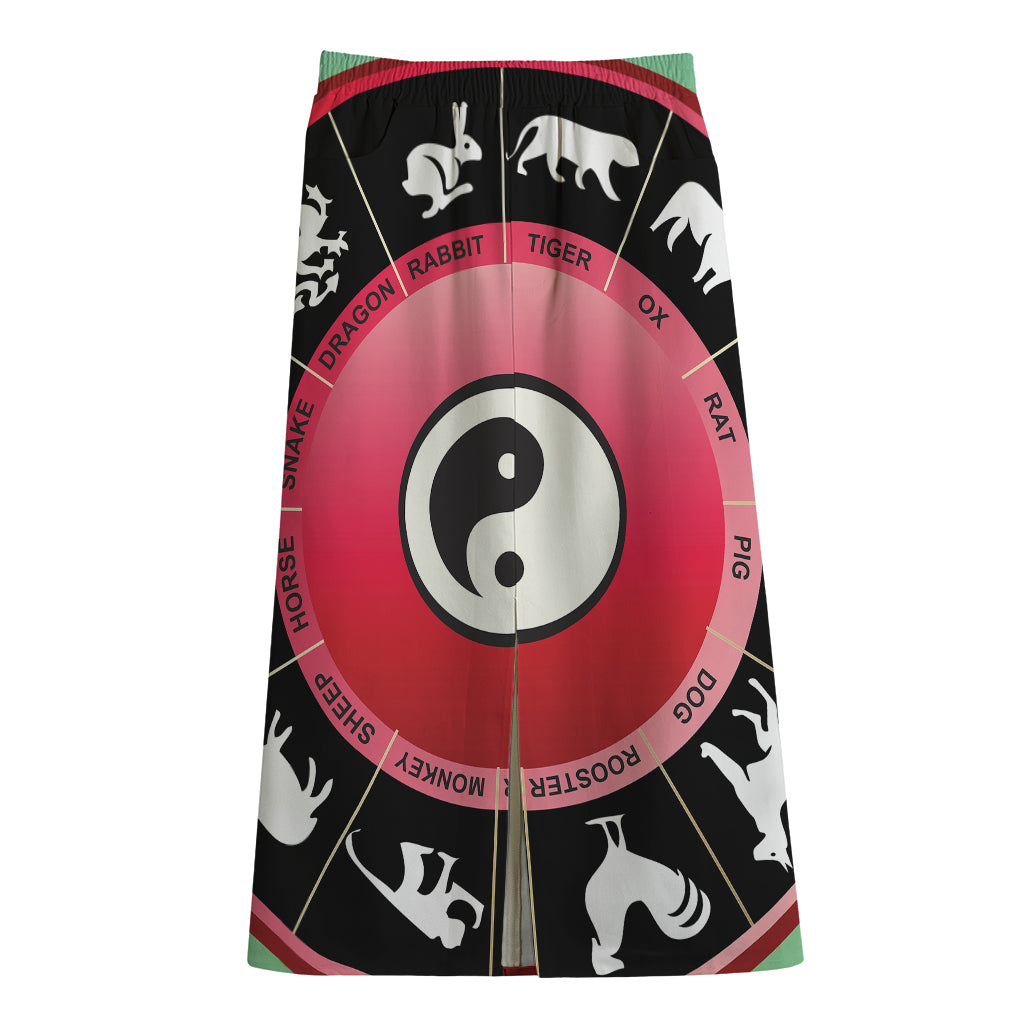 Yin Yang Chinese Zodiac Signs Print Cotton Front Slit Maxi Skirt