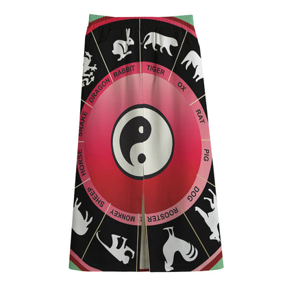 Yin Yang Chinese Zodiac Signs Print Cotton Front Slit Maxi Skirt