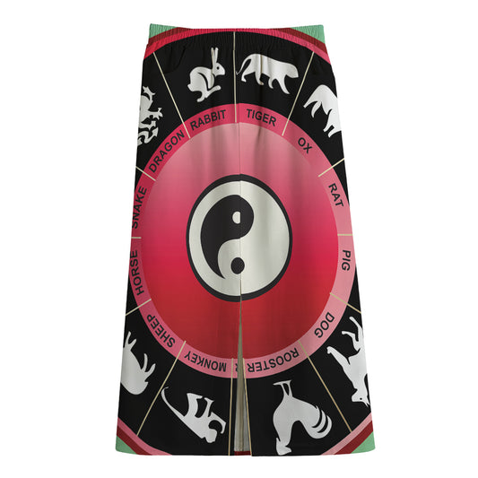 Yin Yang Chinese Zodiac Signs Print Cotton Front Slit Maxi Skirt