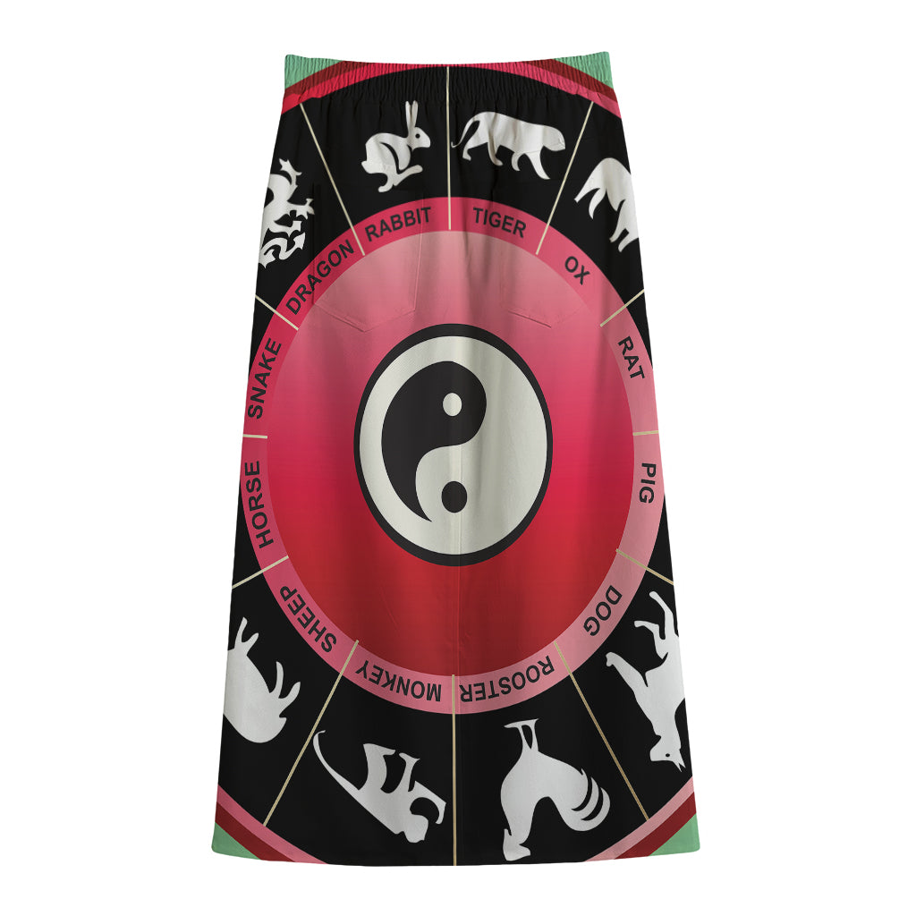Yin Yang Chinese Zodiac Signs Print Cotton Front Slit Maxi Skirt