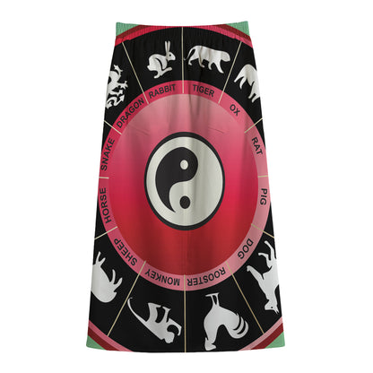 Yin Yang Chinese Zodiac Signs Print Cotton Front Slit Maxi Skirt