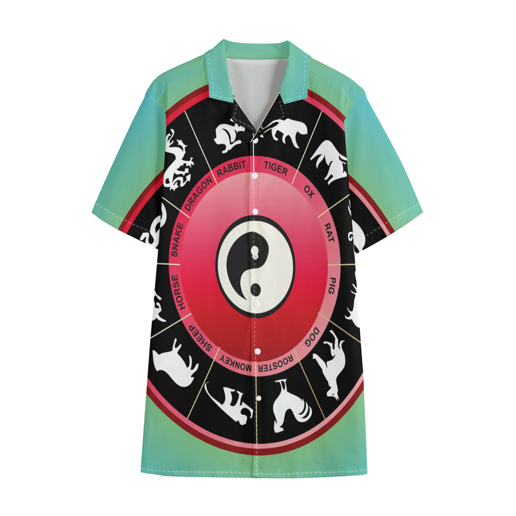 Yin Yang Chinese Zodiac Signs Print Cotton Hawaiian Shirt