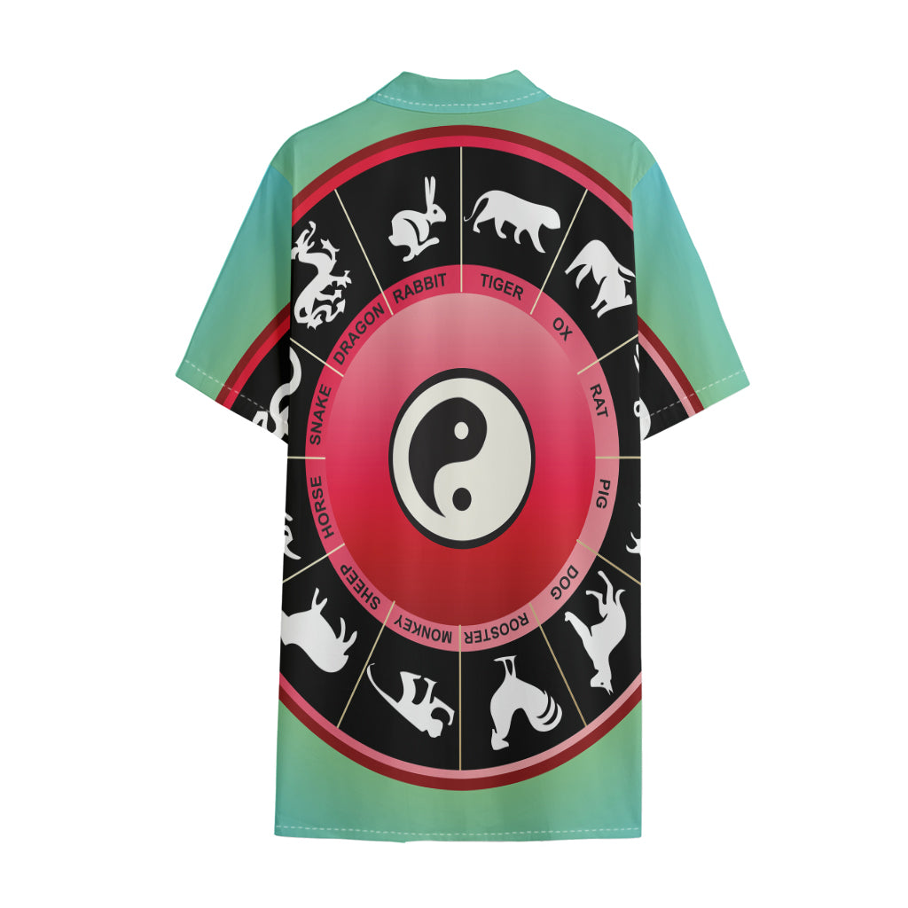 Yin Yang Chinese Zodiac Signs Print Cotton Hawaiian Shirt
