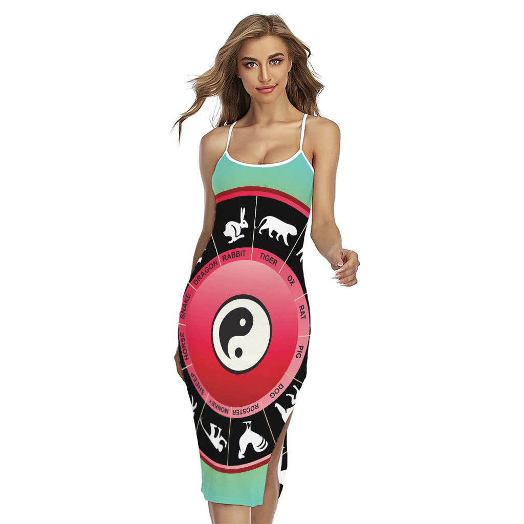 Yin Yang Chinese Zodiac Signs Print Cross Back Cami Dress