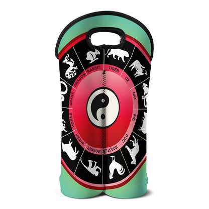 Yin Yang Chinese Zodiac Signs Print Double Neoprene Wine Tote