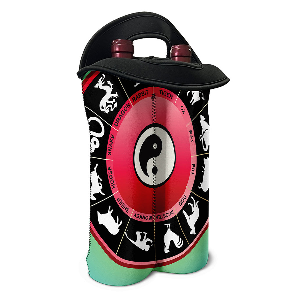 Yin Yang Chinese Zodiac Signs Print Double Neoprene Wine Tote