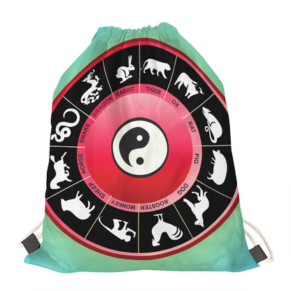 Yin Yang Chinese Zodiac Signs Print Drawstring Bag
