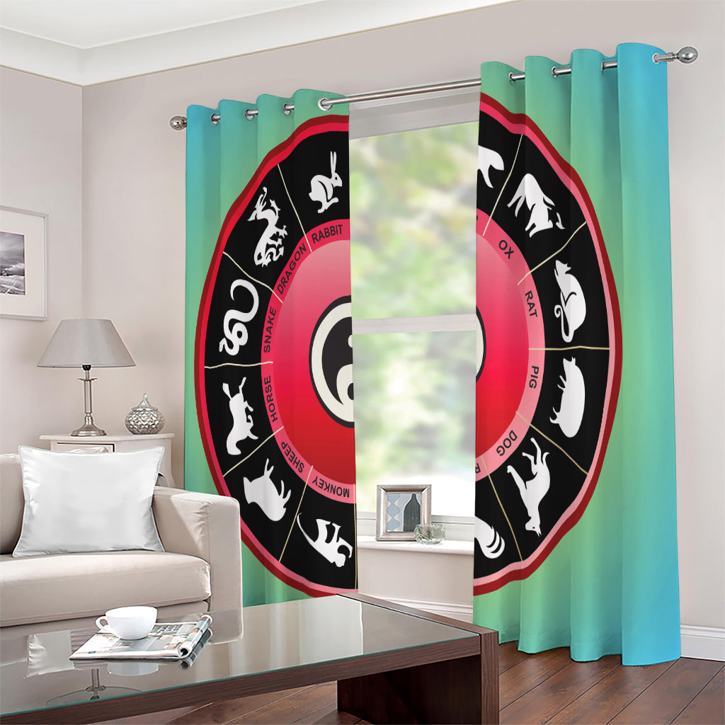 Yin Yang Chinese Zodiac Signs Print Extra Wide Grommet Curtains