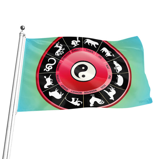 Yin Yang Chinese Zodiac Signs Print Flag
