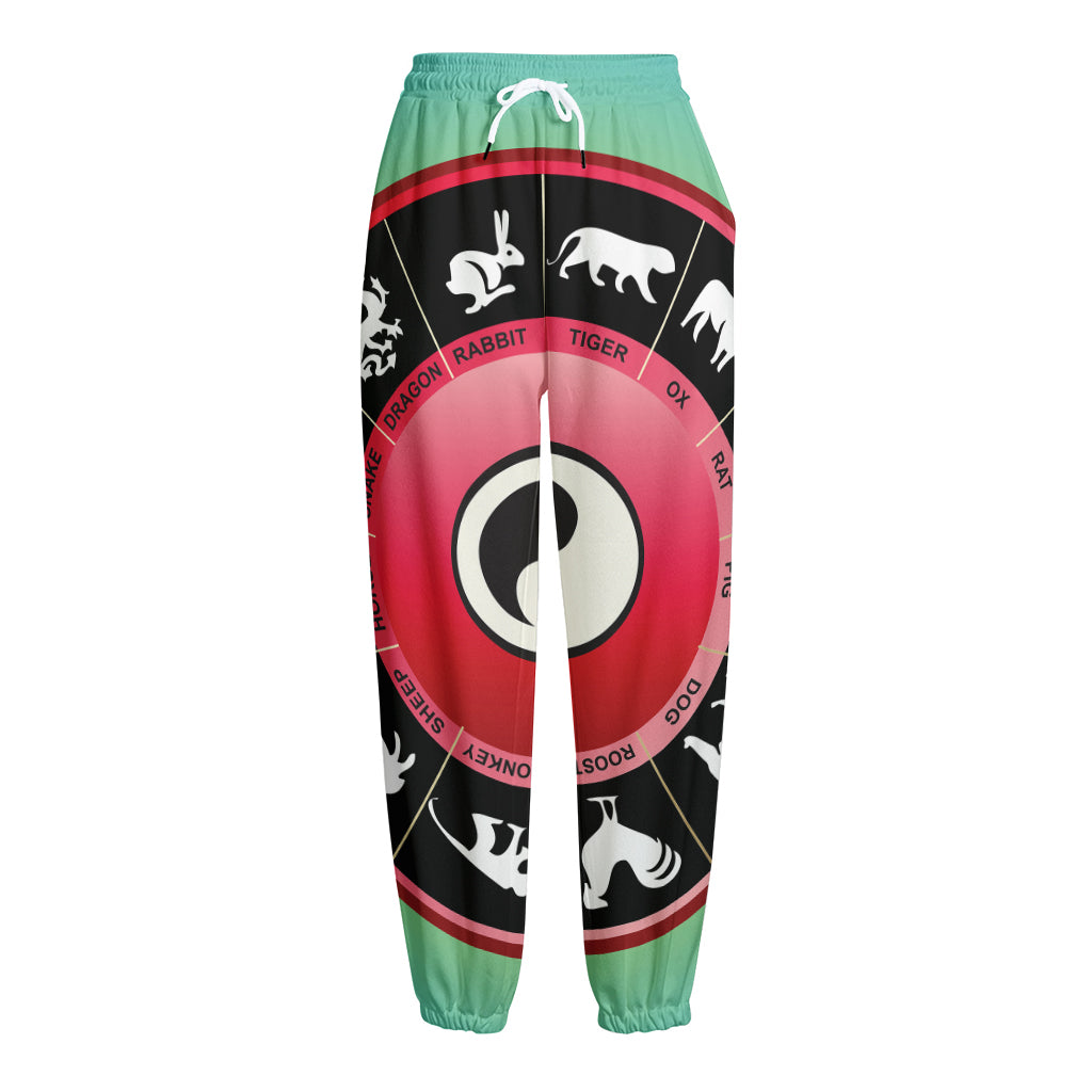 Yin Yang Chinese Zodiac Signs Print Fleece Lined Knit Pants