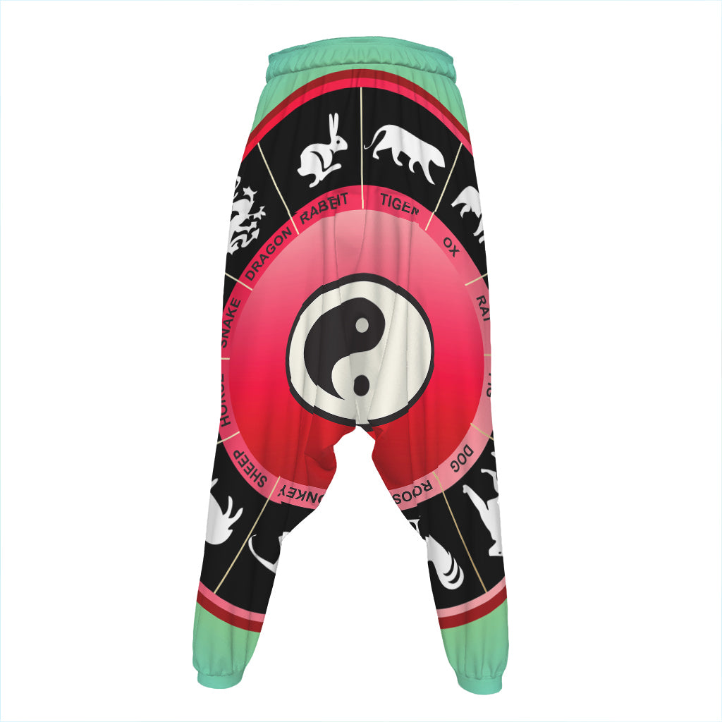 Yin Yang Chinese Zodiac Signs Print Hammer Pants