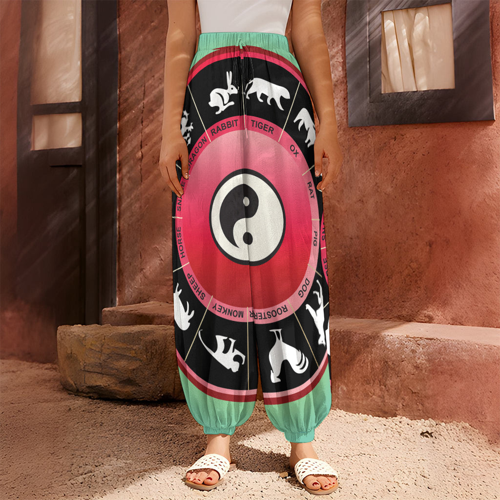 Yin Yang Chinese Zodiac Signs Print Harem Pants